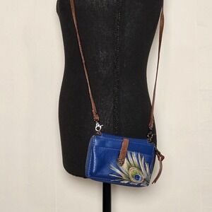 Elliott Lucca Blue Leather Peacock Feather Crossbody Wallet festival crossbody